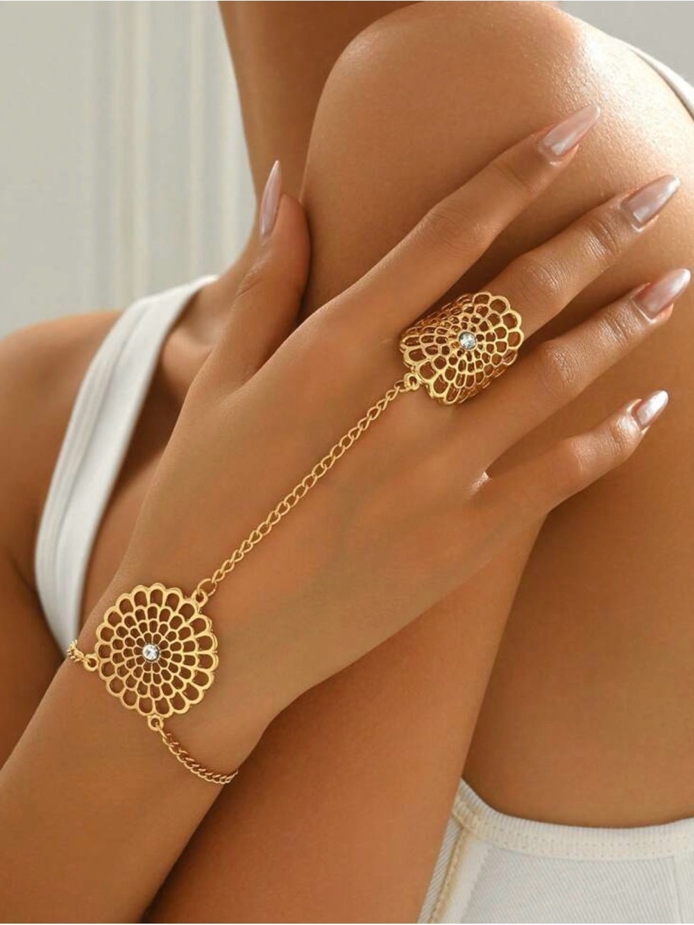 Gold Floral Chain Hand Bracelet - Women Jewelry